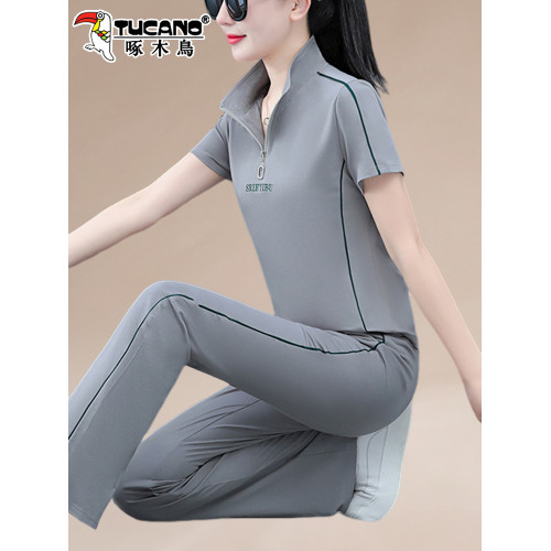 啄木鳥女士冰絲運動服套裝女2025新款夏季洋氣媽媽夏裝短袖休閒服 啄木鳥女士冰絲運動服套裝女2025新款夏季洋氣媽媽夏裝短袖休閒服