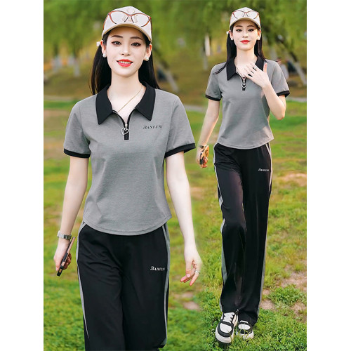 運動套裝女2025新款短袖POLO衫直筒褲大碼冰絲T恤休閒跑步服夏季