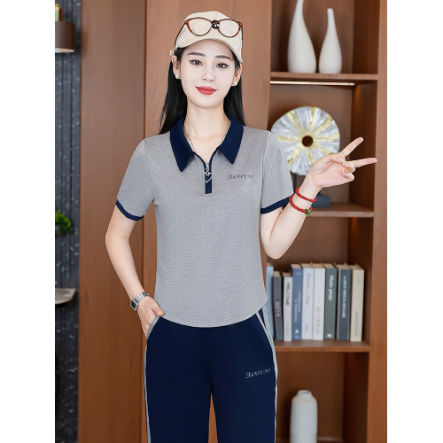 運動套裝女2025新款短袖POLO衫直筒褲大碼冰絲T恤休閒跑步服夏季
