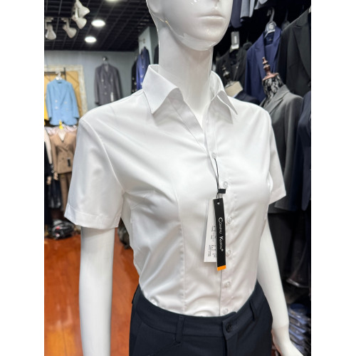 V領白襯衫女短袖夏季竹纖維彈力大碼上班面試職業裝工作服女襯衣