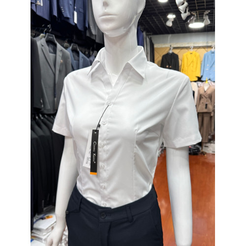 V領白襯衫女短袖夏季竹纖維彈力大碼上班面試職業裝工作服女襯衣