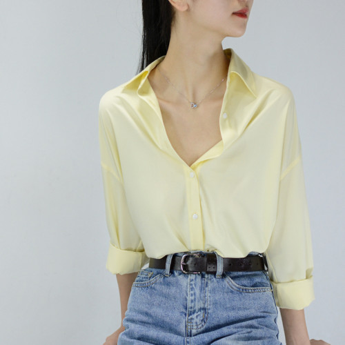 TRR 瘦成紙片人清新減齡淡淡黃寬松長袖襯衫女襯衣時髦感上衣chic