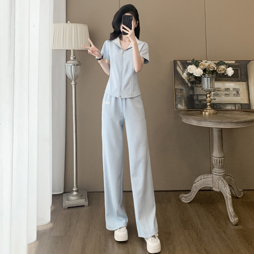 歐貨時尚休閒運動套裝女夏季新款蕾絲拼接連帽衛衣直筒長褲兩件套