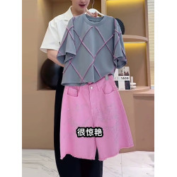 歐貨夏季短袖運動套裝女2025新款時尚洋氣減齡粉色牛仔短褲兩件套