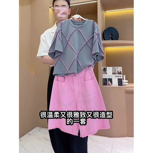 歐貨夏季短袖運動套裝女2025新款時尚洋氣減齡粉色牛仔短褲兩件套