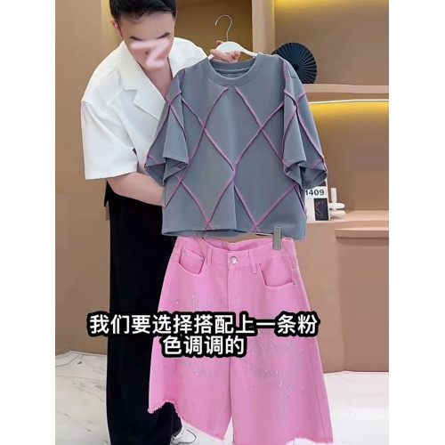 歐貨夏季短袖運動套裝女2025新款時尚洋氣減齡粉色牛仔短褲兩件套