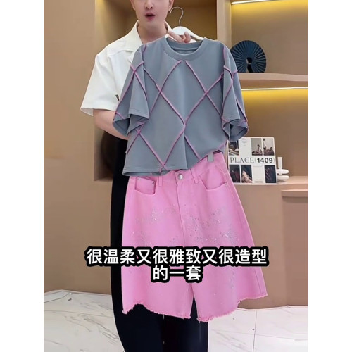 歐貨夏季短袖運動套裝女2025新款時尚洋氣減齡粉色牛仔短褲兩件套