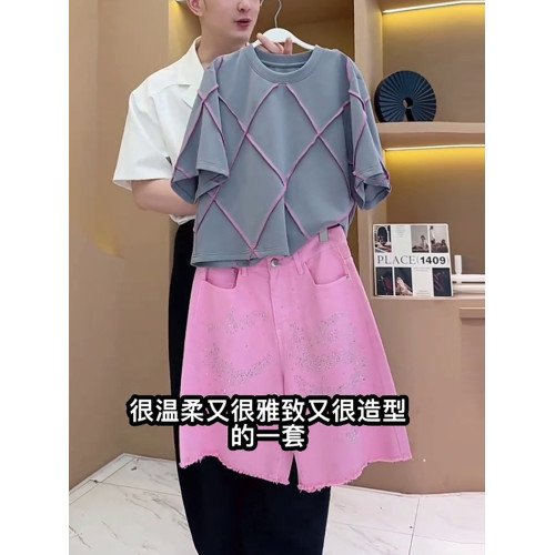 歐貨夏季短袖運動套裝女2025新款時尚洋氣減齡粉色牛仔短褲兩件套