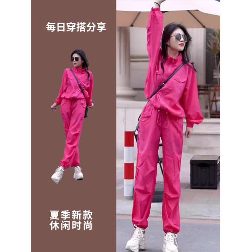 玫紅色休閒運動套裝女跑步健身速乾防曬外套束腳褲春裝搭配一整套