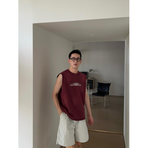KONOKU 復古美式暗紅水洗做舊無袖背心男款夏潮流痞帥情侶坎肩T恤