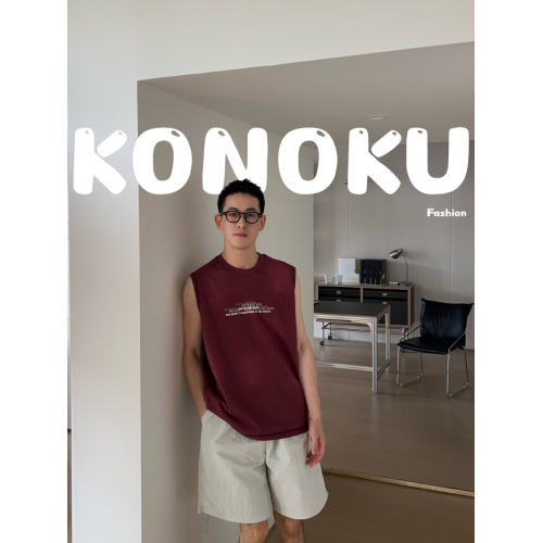 KONOKU 復古美式暗紅水洗做舊無袖背心男款夏潮流痞帥情侶坎肩T恤