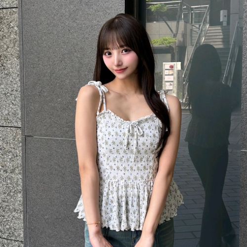 Du+少量純元 日系GRL新款法式蕾絲碎花減齡蝴蝶結系帶上衣吊帶衫