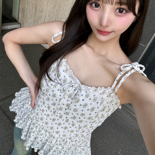 Du+少量純元 日系GRL新款法式蕾絲碎花減齡蝴蝶結系帶上衣吊帶衫