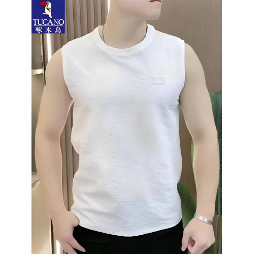 啄木鳥男士夏季無袖背心圓領T恤薄款寬松上衣速乾運動坎肩大碼