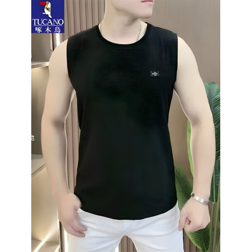 啄木鳥男士夏季無袖背心圓領T恤薄款寬松上衣速乾運動坎肩大碼