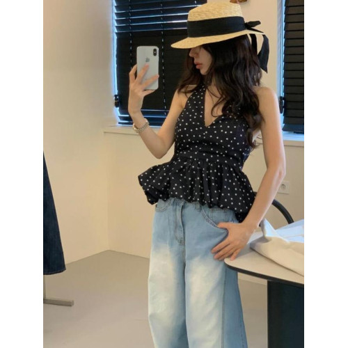 韓國波點掛脖露背吊帶衫女夏季法式v領性感顯瘦花苞設計背心上衣
