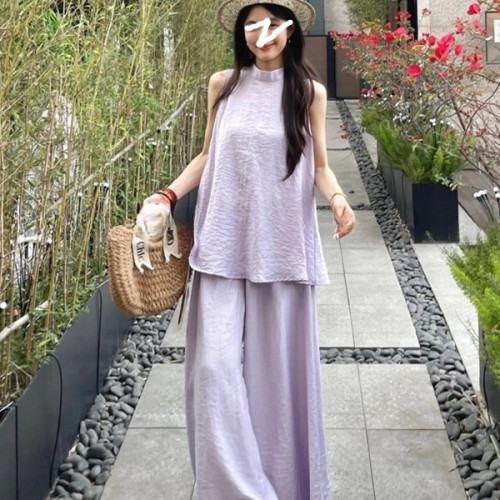 棉麻休閒時尚寬松運動套裝女夏季無袖背心濶腿褲遮肚藏肉兩件套潮