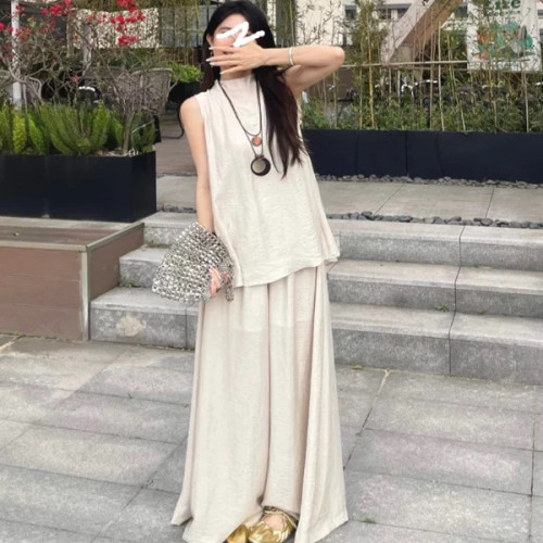 棉麻休閒時尚寬松運動套裝女夏季無袖背心濶腿褲遮肚藏肉兩件套潮