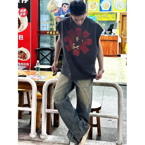 美式vintage寬松廢土風破壞RED樂隊男士潮牌背心情侶T恤無袖坎肩