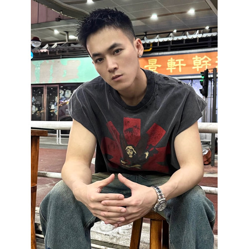 美式vintage寬松廢土風破壞RED樂隊男士潮牌背心情侶T恤無袖坎肩
