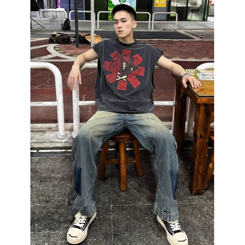 美式vintage寬松廢土風破壞RED樂隊男士潮牌背心情侶T恤無袖坎肩