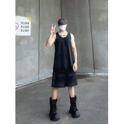 UARIED雙色水洗黑灰色做舊基礎背心全棉透氣吸汗坎肩寬松夏季無袖