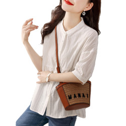 九月陌墨氣質減齡襯衫2024夏季新款百搭肌理上衣顯瘦五分袖女襯衣