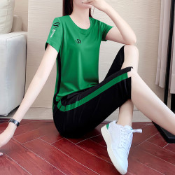 夏季七分褲運動套裝女寬松時尚女士冰絲短袖名牌休閒服兩件套薄款