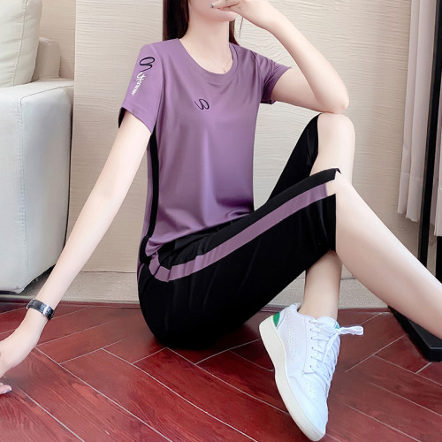 夏季七分褲運動套裝女寬松時尚女士冰絲短袖名牌休閒服兩件套薄款