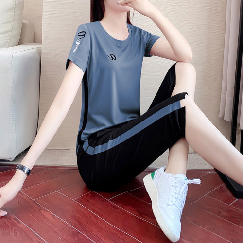 夏季七分褲運動套裝女寬松時尚女士冰絲短袖名牌休閒服兩件套薄款