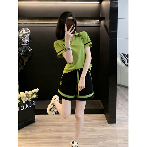 洋氣V翻領T恤短褲運動套裝女夏季短袖吸汗羽毛球服跑步休閒兩件套