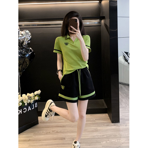 洋氣V翻領T恤短褲運動套裝女夏季短袖吸汗羽毛球服跑步休閒兩件套