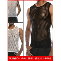 無袖背心透視鏤空網眼個性T網格潮男裝網洞演出服上衣漁網王嘉爾