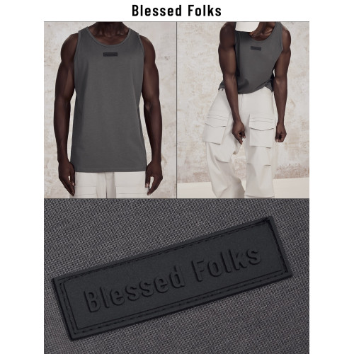 Blessed Folks夏季重磅純棉膠標美式圓領休閒健身運動背心