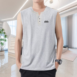 夏季純棉背心男寬肩大碼 時尚純棉V領帶釦時尚潮坎肩胖子無袖白色