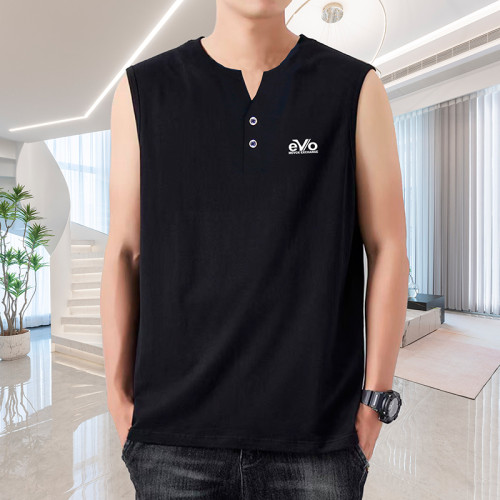 夏季純棉背心男寬肩大碼 時尚純棉V領帶釦時尚潮坎肩胖子無袖白色