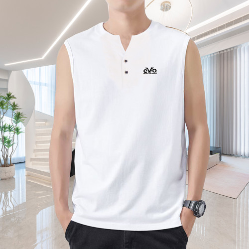 夏季純棉背心男寬肩大碼 時尚純棉V領帶釦時尚潮坎肩胖子無袖白色