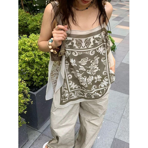 25春夏新款平口藝術印花串珠吊帶衫波西米亞度假風設計感背心上衣