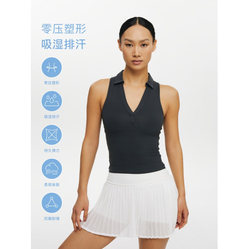 Oneup戶外翻領V領背心POLO春夏新款瑜伽運動健身帶胸墊外穿網球服