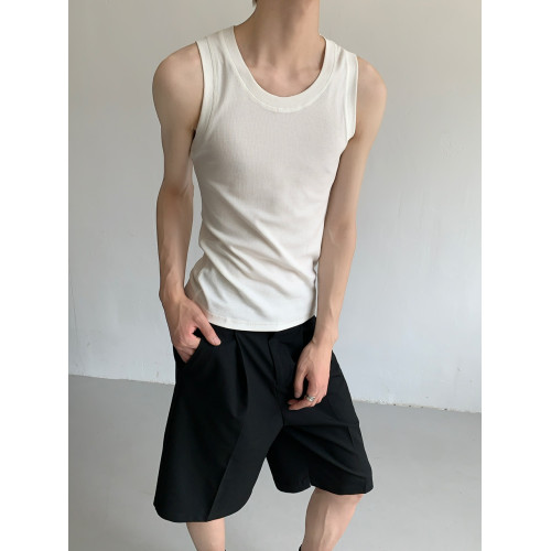 權一 純色圓領背心男夏季休閒運動健身螺紋彈力修身無袖坎肩上衣