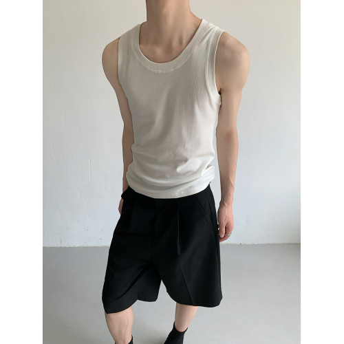 權一 純色圓領背心男夏季休閒運動健身螺紋彈力修身無袖坎肩上衣