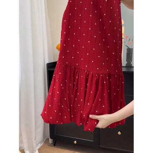 一慄莎子~法式紅色無袖背心波點連衣裙子女夏季新款氣質花苞短裙