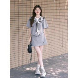 韓系減齡運動套裝女夏季慵懶風假兩件短袖高腰短裙披肩時尚三件套