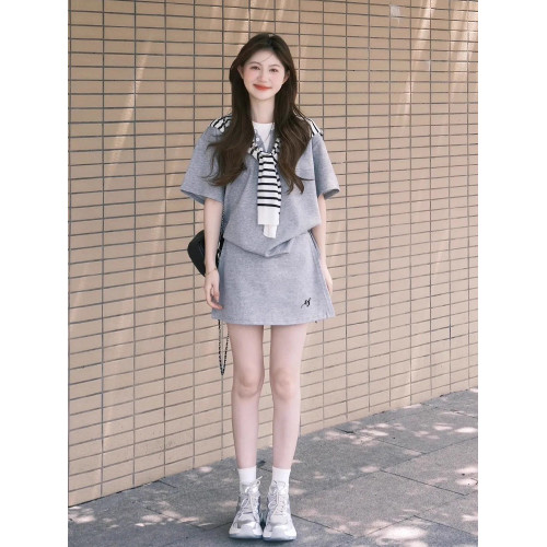 韓系減齡運動套裝女夏季慵懶風假兩件短袖高腰短裙披肩時尚三件套