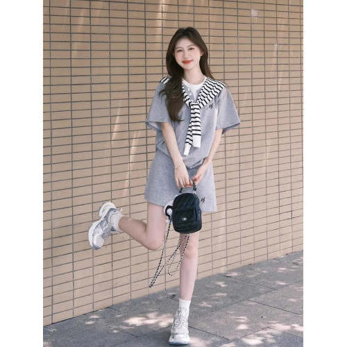 韓系減齡運動套裝女夏季慵懶風假兩件短袖高腰短裙披肩時尚三件套