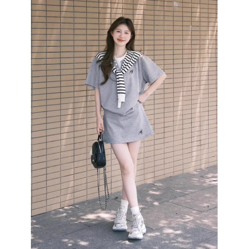 韓系減齡運動套裝女夏季慵懶風假兩件短袖高腰短裙披肩時尚三件套