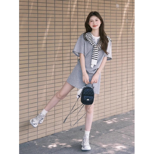 韓系減齡運動套裝女夏季慵懶風假兩件短袖高腰短裙披肩時尚三件套