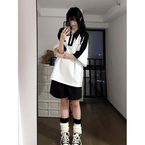 美式學院風運動套裝女夏季寬松韓版polo領短袖短褲學生休閒兩件套
