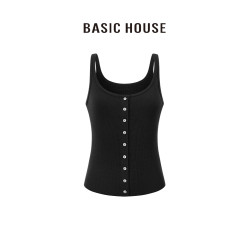 百家好/Basic House純色修身百搭顯瘦多釦針織吊帶衫女無袖背心夏