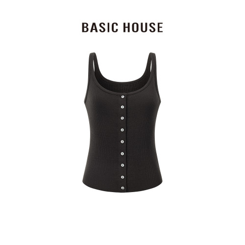 百家好/Basic House純色修身百搭顯瘦多釦針織吊帶衫女無袖背心夏